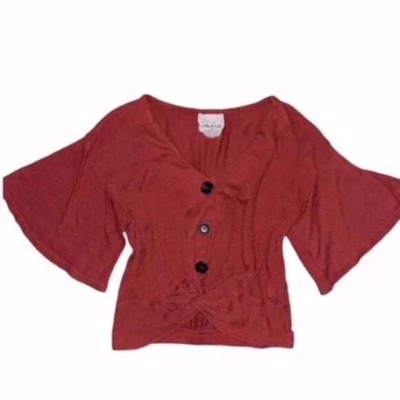 Rust Trumpet Sleeve Twisted V-Neck Blouse - Picture 1 of 6